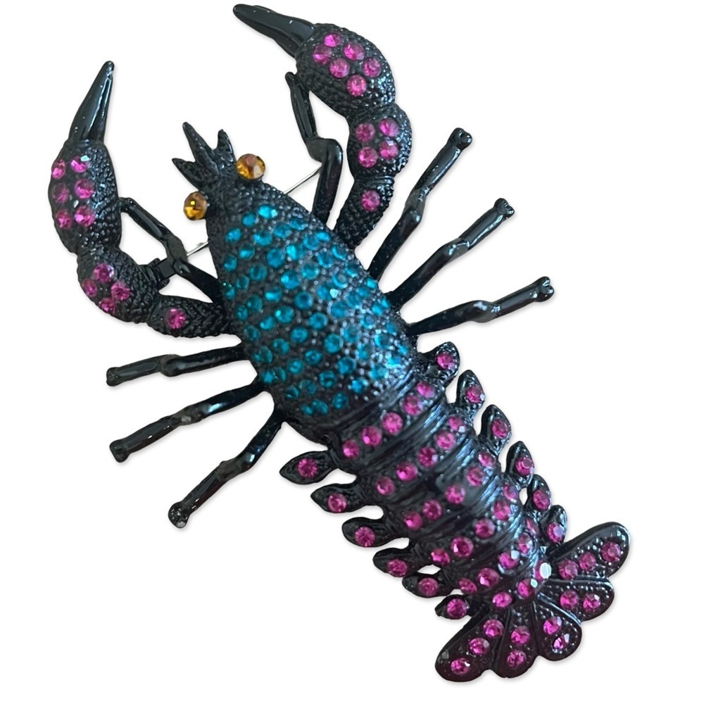 Large Sparkling Lobster Brooch with Pink and Blue Crystals